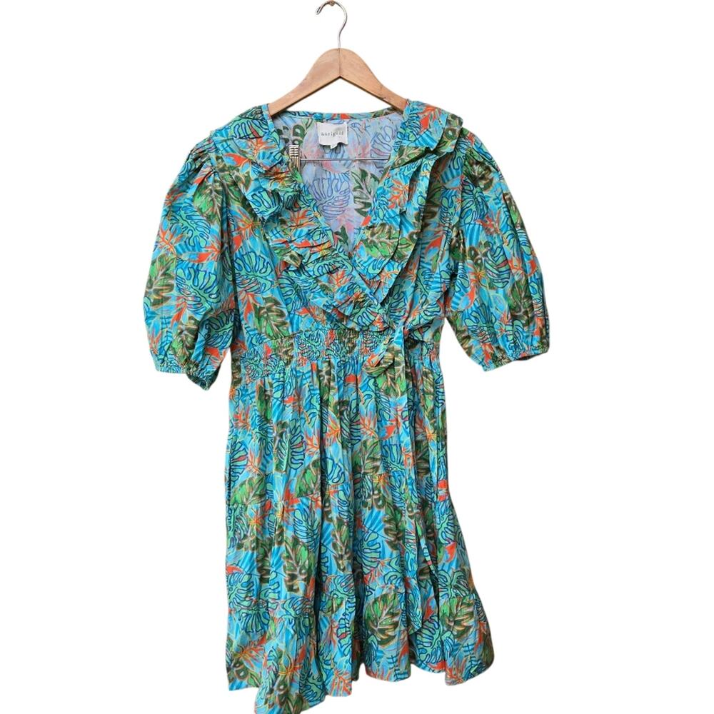 MARIGOLD dress size XL in Green And Blue 3/4 Sleeve Palm Leeves